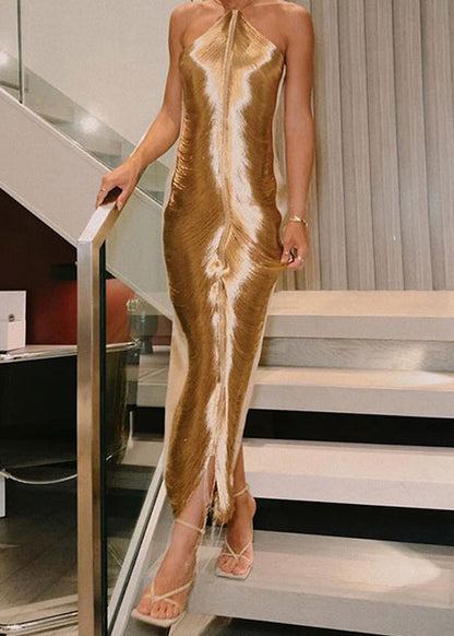 Stylish Gold Tassel Halter Silk Party Dress Summer