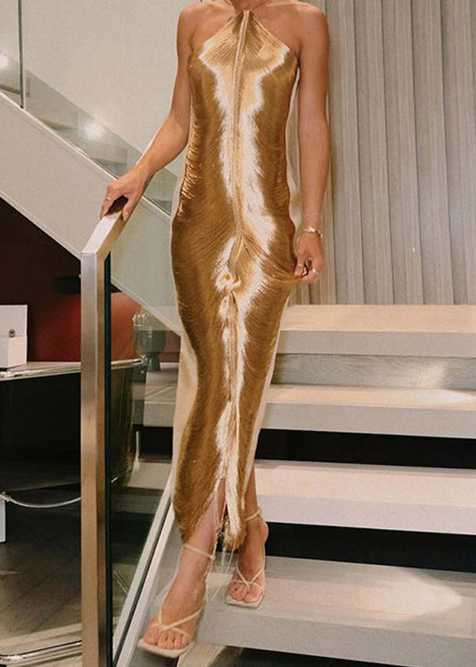 Stylish Gold Tassel Halter Silk Party Dress Summer