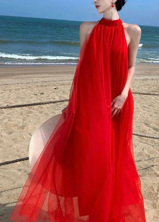 New Red Backless Lace Up Tulle Long Dresses Sleeveless