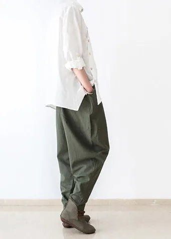 Autumn Tea Green Linen Pants Oversized Cotton Harem Pants Trousers