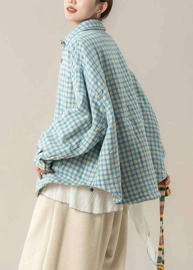 Blue Peter Pan Collar Plaid Cotton Filled Shirts Coats Winter