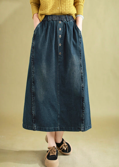 Blue Ruffled Button Denim a Line Skirt Spring