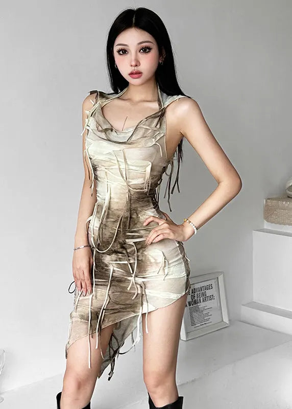 Style Khaki Asymmetrical Tie Dye Hooded Dresses Sleeveless