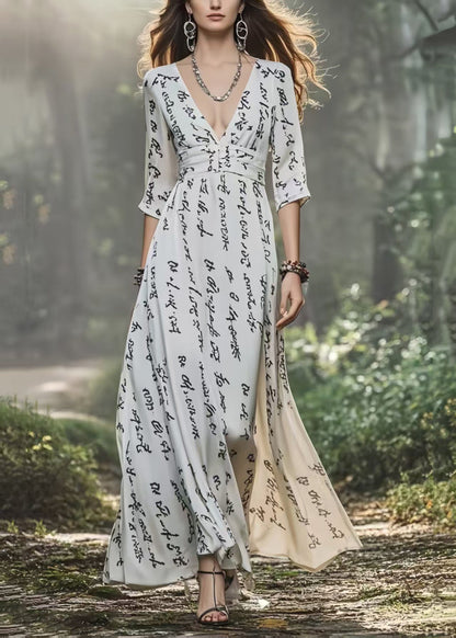 White V Neck Print Chiffon Dress Bracelet Sleeve