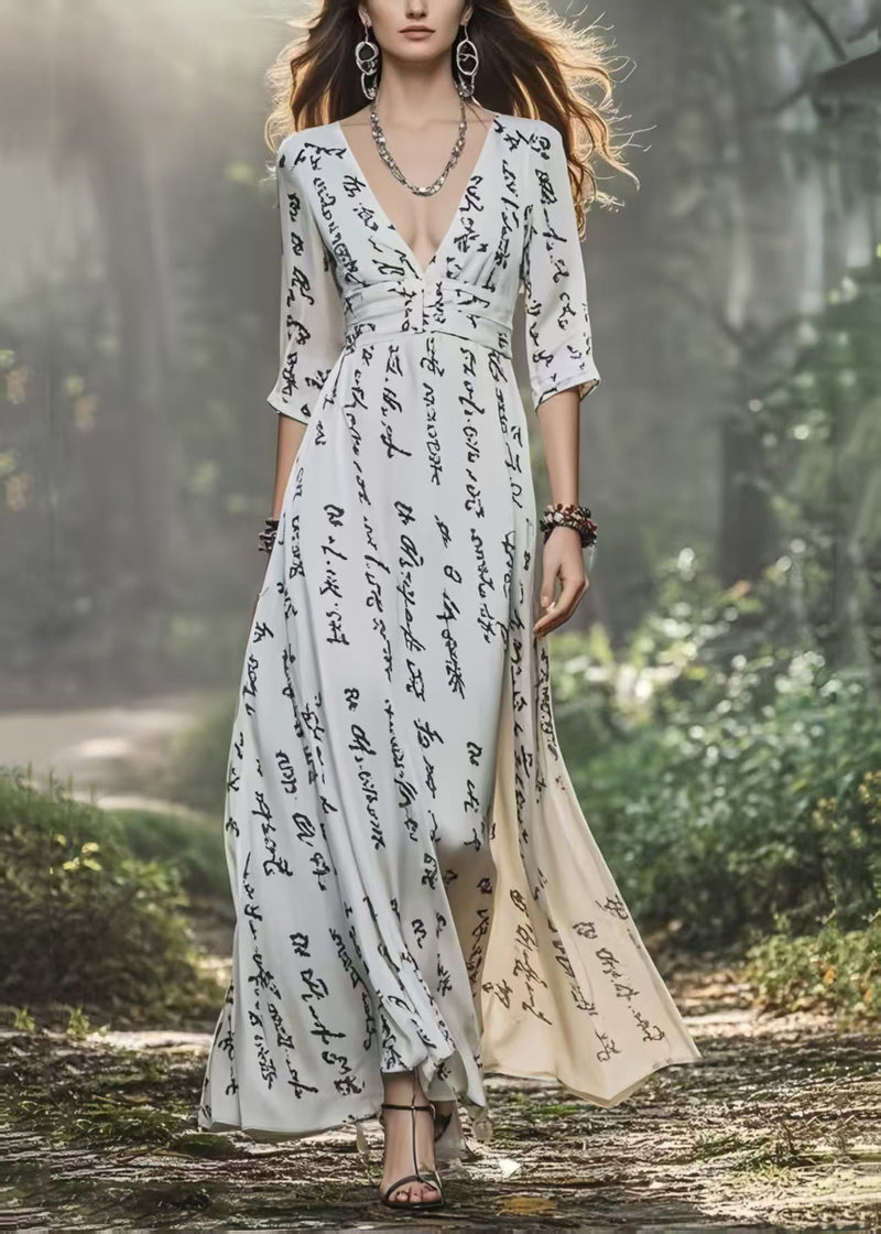 White V Neck Print Chiffon Dress Bracelet Sleeve