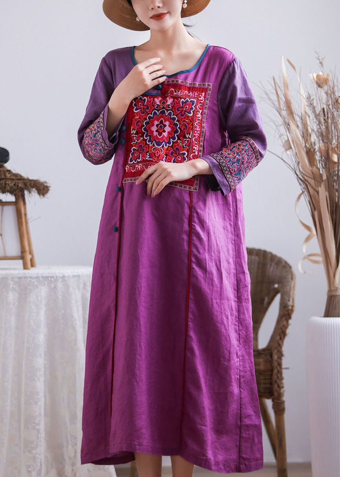 Purple Embroidered Chinese Button Patchwork Linen Long Dresses Summer