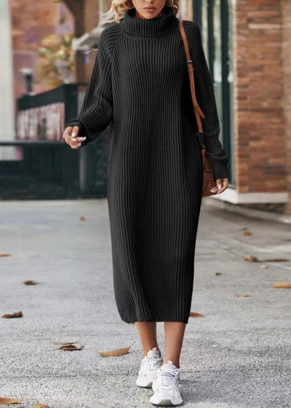 Beige Hign Neck Long Knit Dress Winter
