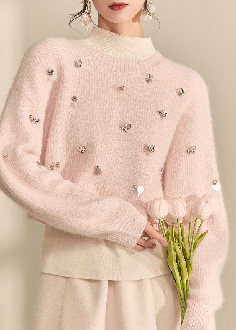 Pink O-neck Nail Bead Cotton Knit Short Sweater Fall