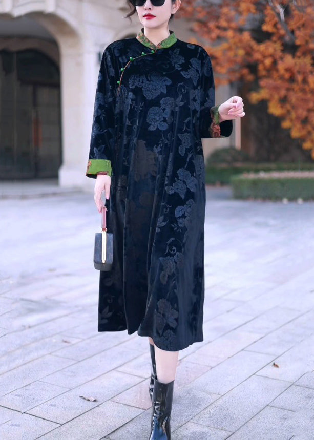 Black Stand Collar Print Silk Velvet Long Dress Winter