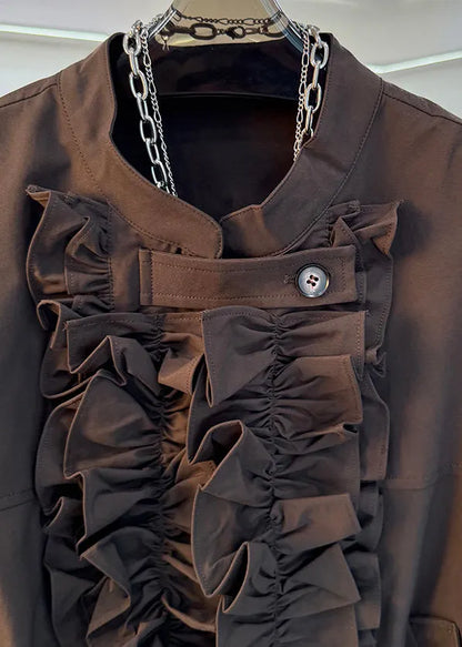 French Brown Ruffled Pockets Cotton Jackets Fall