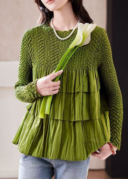 Fine Grass Green Patchwork Wrinkled Blouse Top Fall