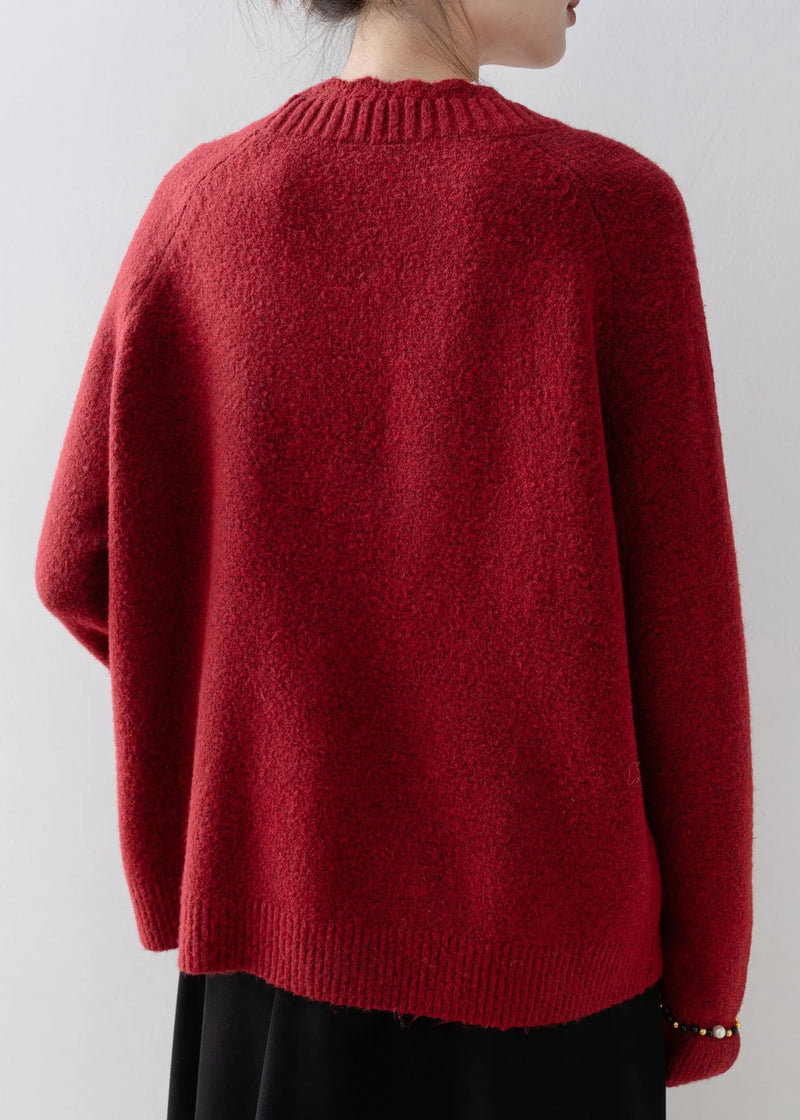 Red O Neck Nail Bead Knit Sweater Spring