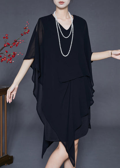 Black Asymmetrical Cold Shoulder Chiffon Tea Dress Summer