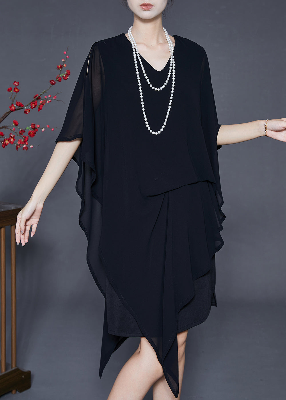 Black Asymmetrical Cold Shoulder Chiffon Tea Dress Summer