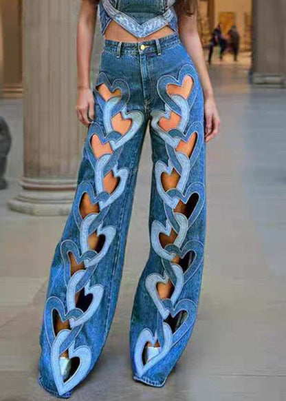 Blue Hollow Out High Waist Denim Pants Spring