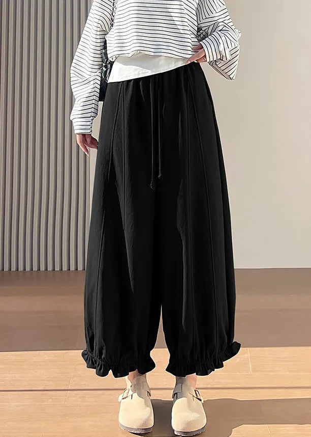 Black Elastic Waist Ruffled Cotton Pants Fall
