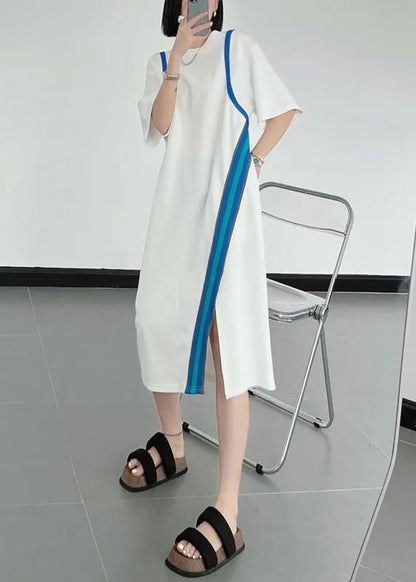 Natural Black O-neck Asymmetrical Patchwork Cotton Dresses Summer