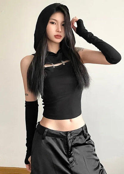 Khaki Patchwo Hollow Out Hooded Top Sleeveless