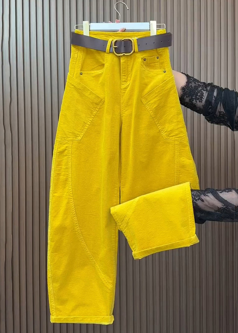 Yellow Pockets High Waist Corduroy Wide Leg Pants Fall