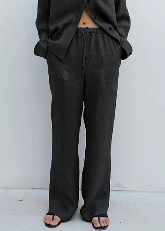 Beige Pockets Lace Up Linen Straight Pants Spring