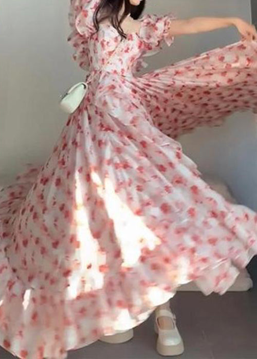 Pink Ruffled Print Chiffon Long Dresses Short Sleeve