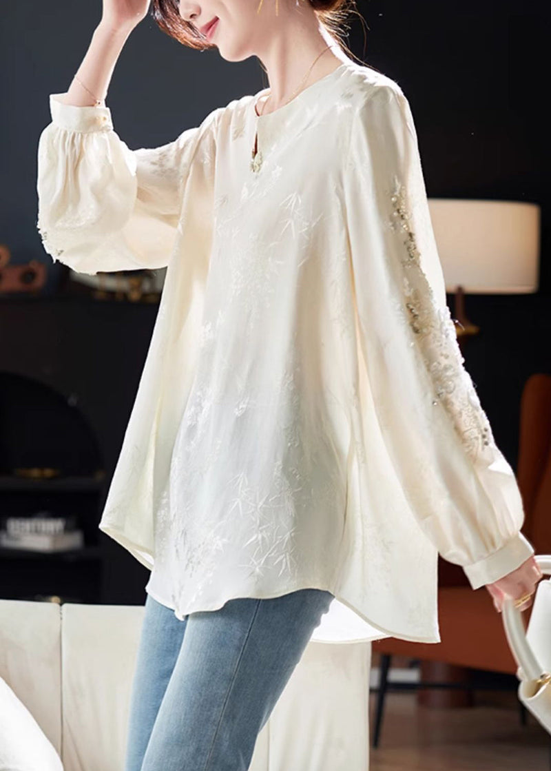 Jacquard White Sequins Nail Bead Chiffon Tops Long Sleeve