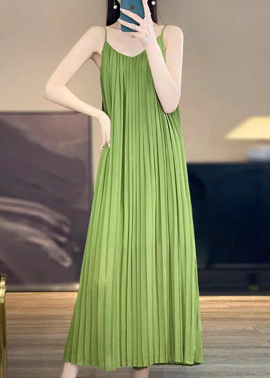 Green Wrinkled Cotton Spaghetti Strap Dress Sleeveless