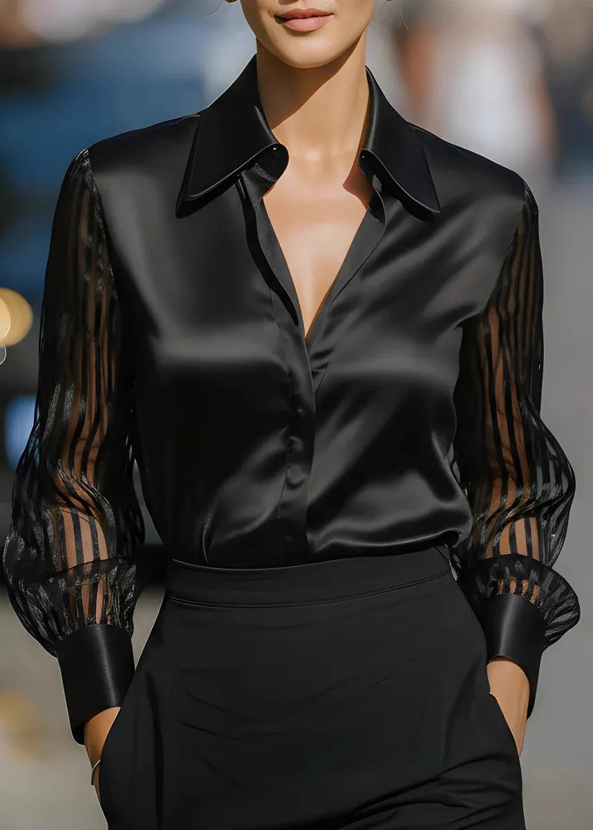 Fine White Peter Pan Collar Patchwork Silk Shirt Tops Spring