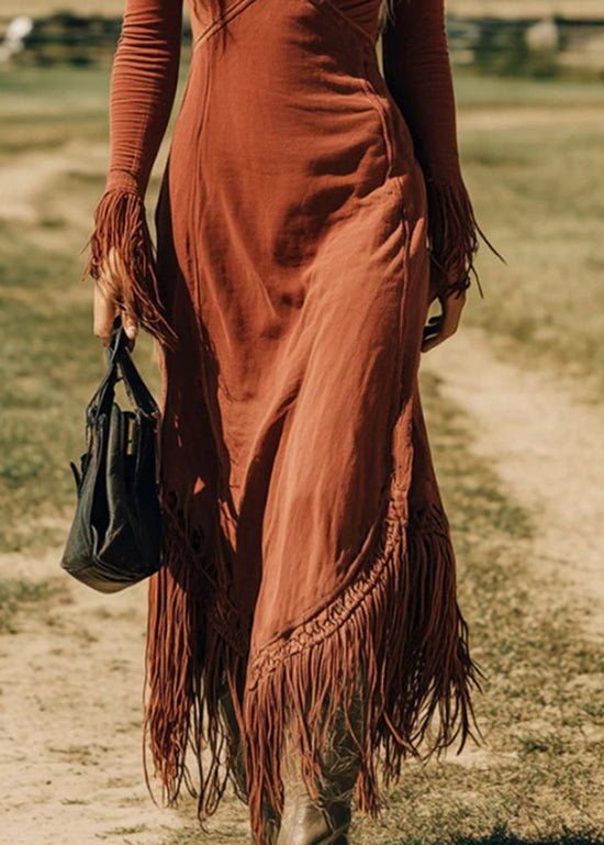 Art Brick Red V Neck Tassel Patchwork Cotton Dresses Fall