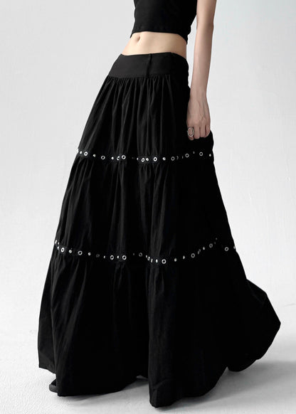 Black Wrinkled Patchwork Elastic Waist Cotton a Line Skirts Summer