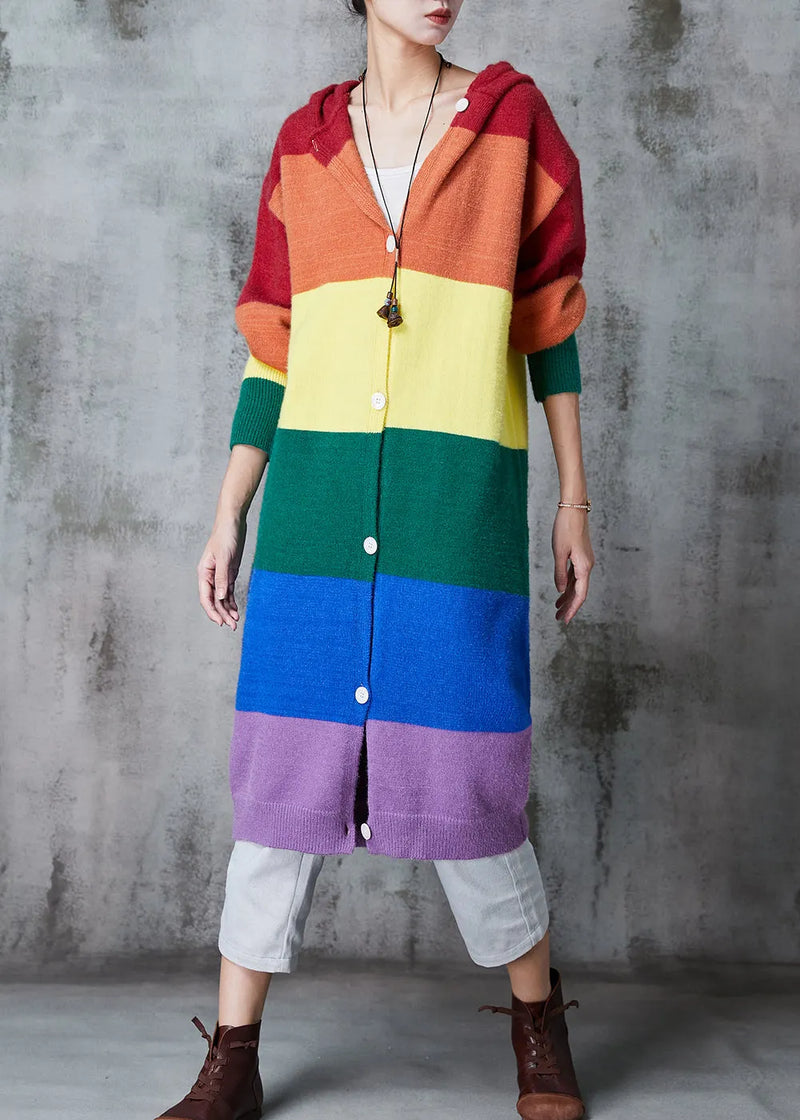 Rainbow Hooded Patchwork Knit Long Cardigans Spring