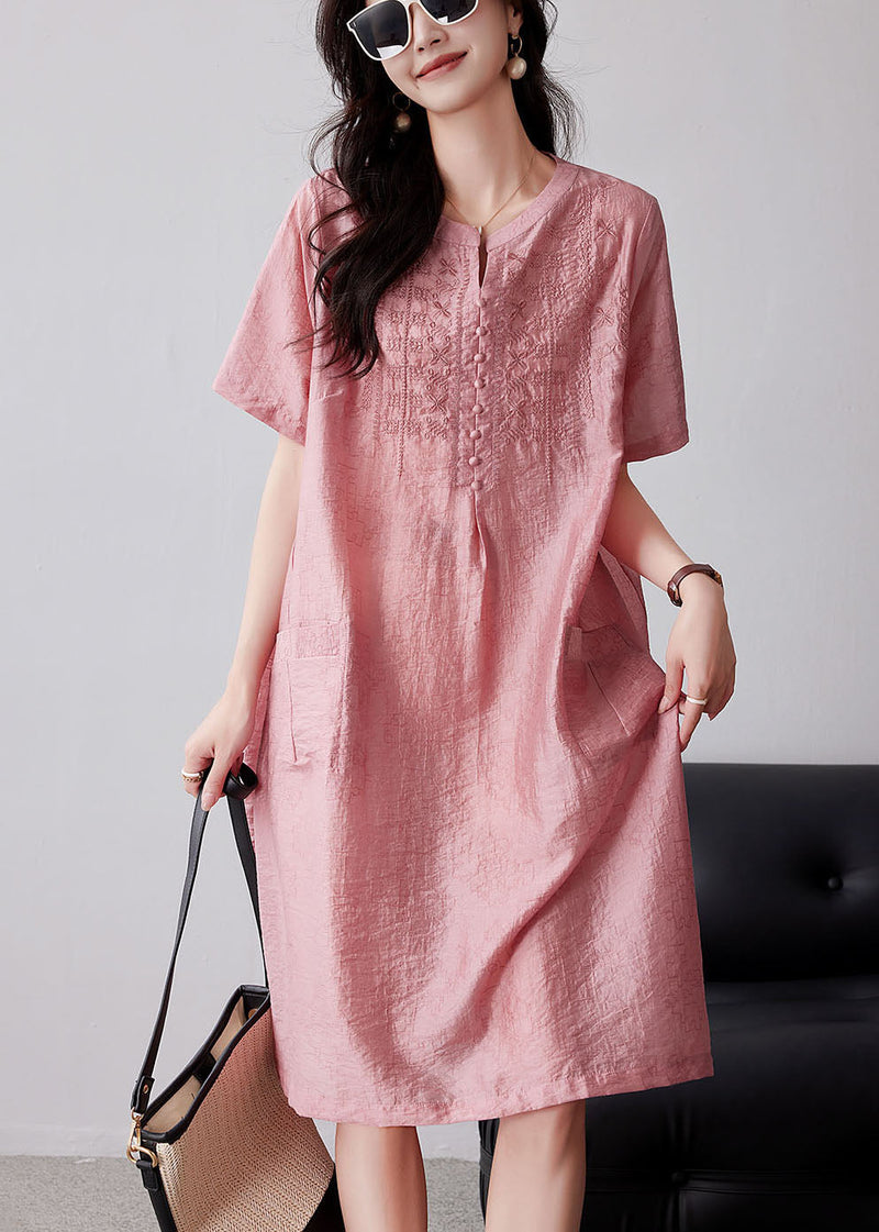 Pink Embroidered Oversized Linen Dresses Summer