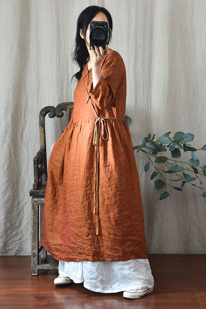 -spring Retro Linen Buckle Dress