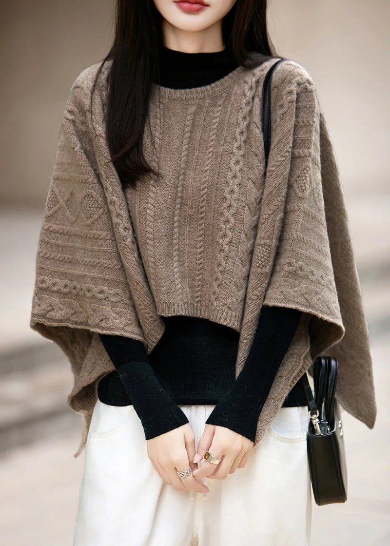 French Camel O Neck Cable Knit Woolen Sweaters Winter