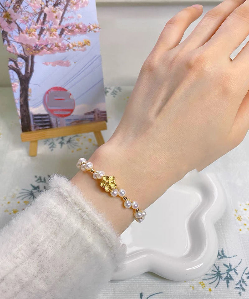 Fine White 14k Gold Pearl Woven Chain Bracelet