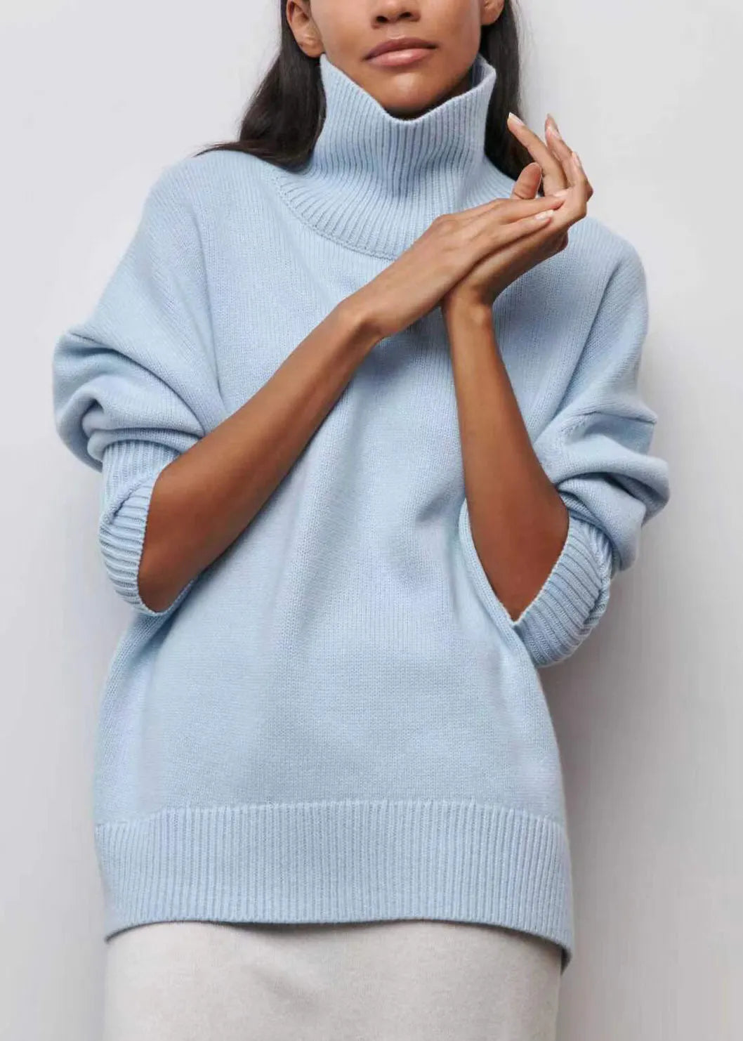 Simple Blue Turtleneck Knit Sweaters Spring