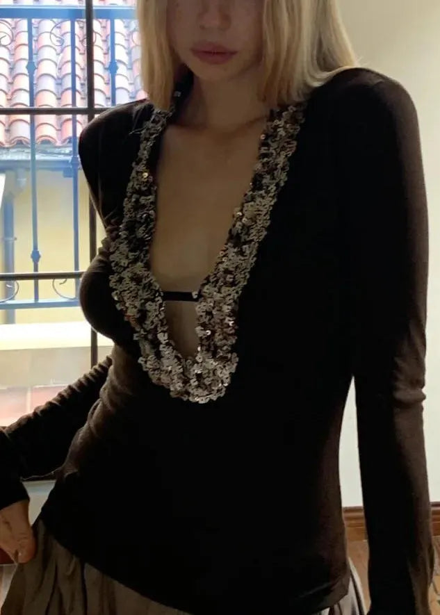 Coffee U Neck Sequins Silk Top Spring