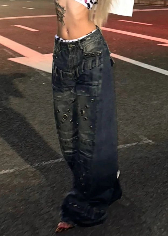 European and American Style Blue Rivet Denim Wide Leg Pants Fall
