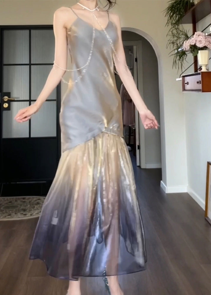 Grey V Neck Tulle Patchwork Spaghetti Strap Dress Sleeveless