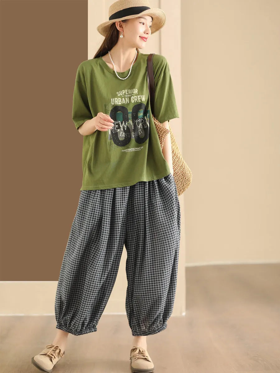 Summer Plaid Cotton Harem Pants