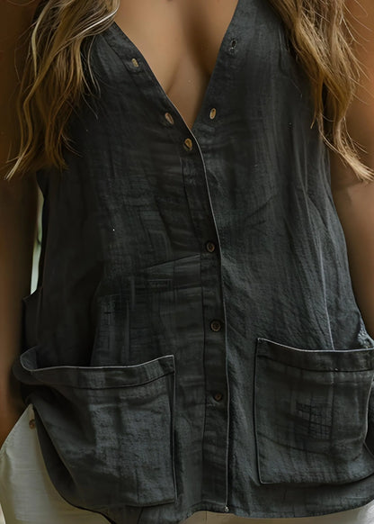 Black V Neck Pockets Button Cotton Top Sleeveless