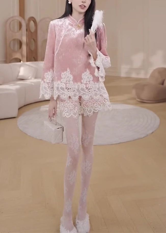 Pink Stand Collar Lace Patchwork Silk Velvet Shirts and Shorts Two Pieces Set Fall