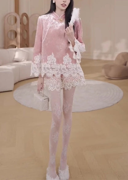 Pink Stand Collar Lace Patchwork Silk Velvet Shirts and Shorts Two Pieces Set Fall