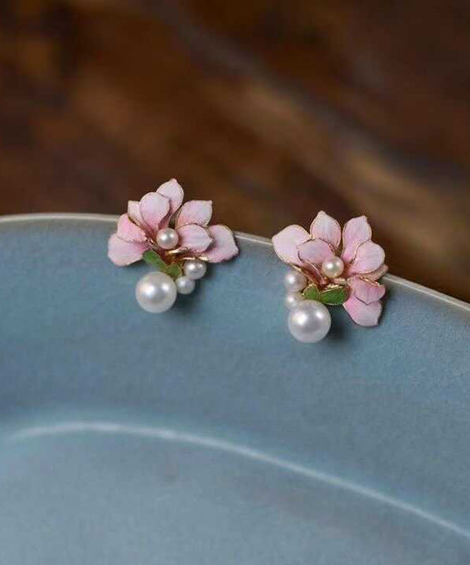 Chinese Styl Pink Sterling Silver Overgild Pearl Stud Earrings