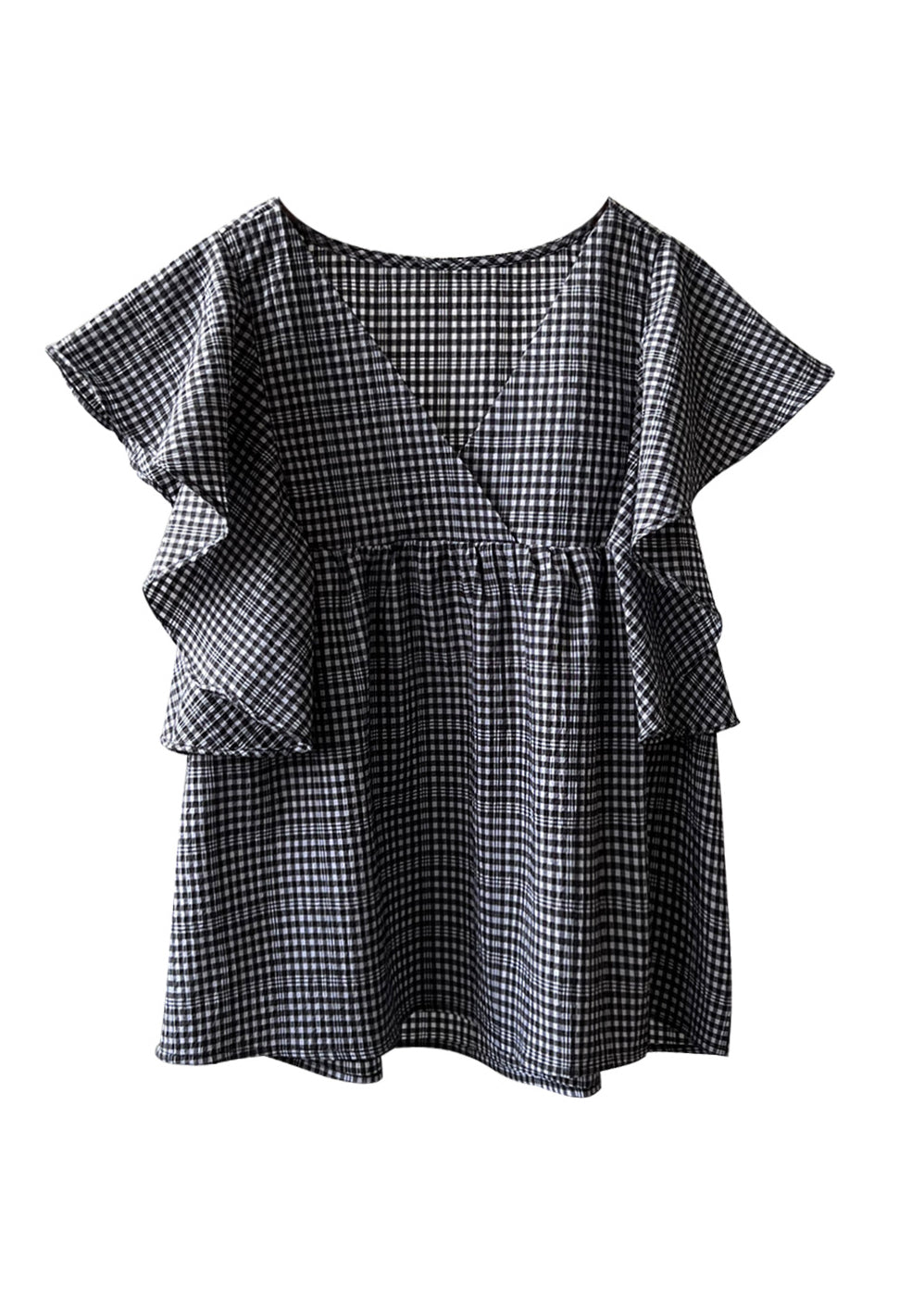 V Neck Plaid Cotton Shirts Top Butterfly Sleeve