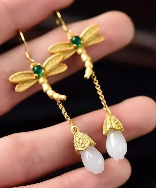 Gold Sterling Silver Overgild Inlaid Jade Tassel Dragonfly Drop Earrings