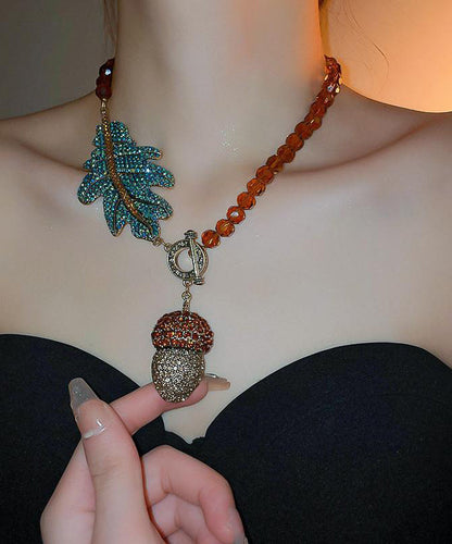 Coffee Alloy Zircon Crystal Leaves Pendant Necklace