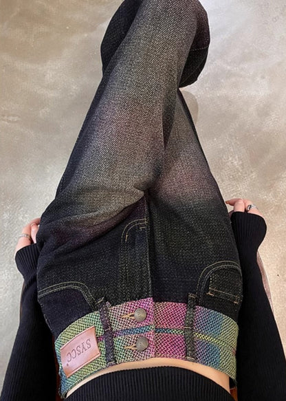 Black High Waist Patchwork Denim Straight Pants Spring