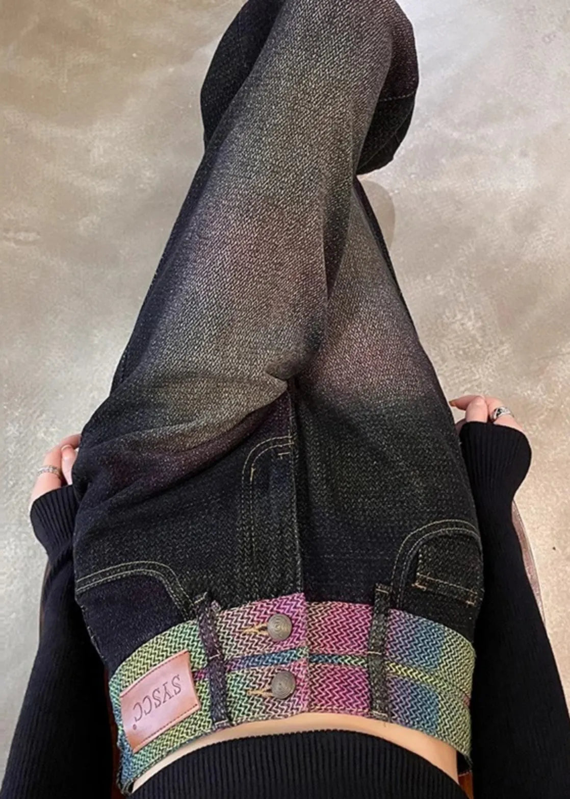 Black High Waist Patchwork Denim Straight Pants Spring