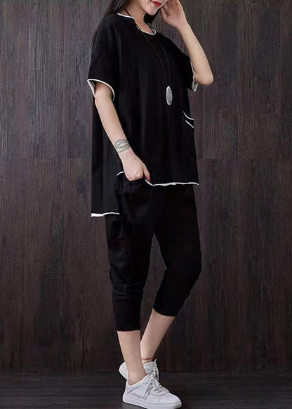 Black Pockets Patchwork Tops and Pants Cotton Two Piece Suit Set Summer